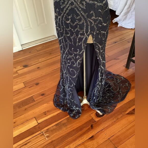 JASZ COUTURE 6 BLUE PLUNGING V NECK BEADED HIGH SLIT PROM PAGEANT FORMAL GOWN - Picture 4 of 10